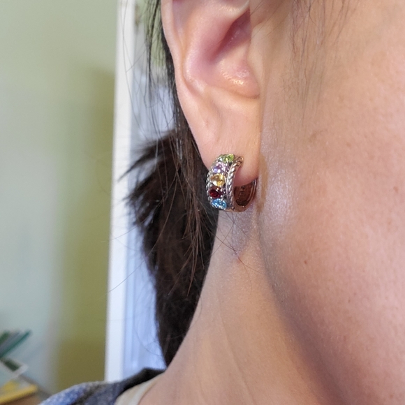 Effy Bridge Gemstones Multistone SS 1 7/8 Multi Huggies Earrings - Picture 7 of 7